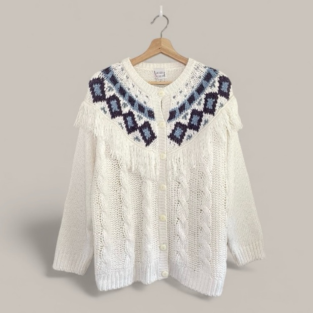 Vintage Nordic Fair Isle Fringe Yoke Cardigan Cable Knit Sweater 80s 90s Medium
